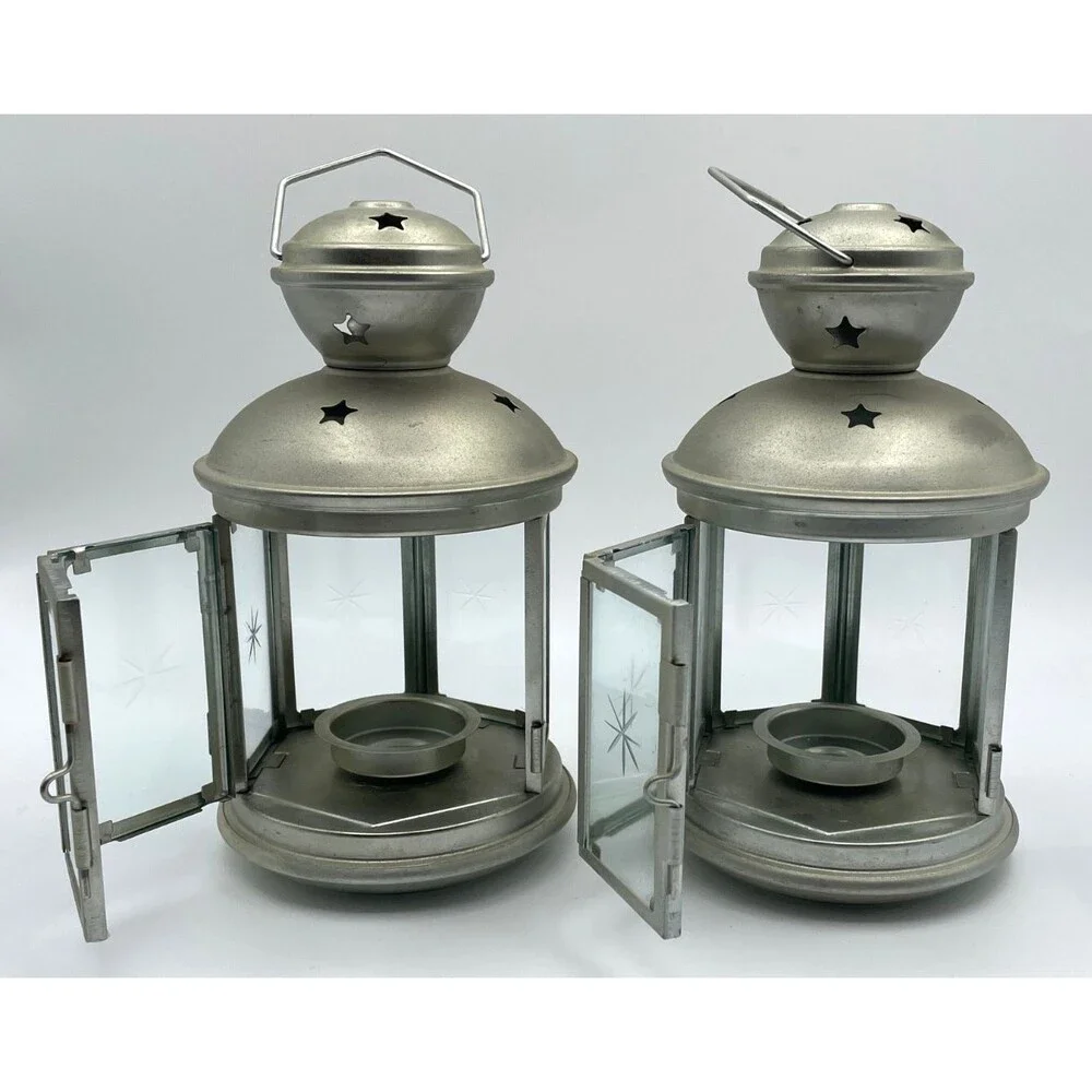 Set of 2 IKEA Rotera Hanging Lanterns Tea Light Candle Holder Metal & Glass